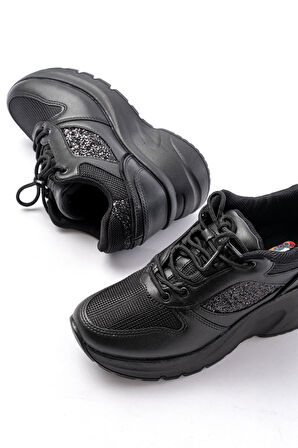 F-185 Siyah Günlük Bağcıklı Taş Aksesuarlı Yazlık Spor Ayakkabı