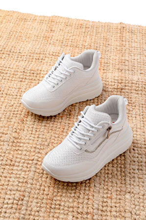 F-207 Beyaz Bağcıklı Fermuarlı Taş Aksesuarlı Mevsimlik Spor Ayakkabı