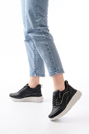 F-207 Siyah Bağcıklı Fermuarlı Taş Aksesuarlı Mevsimlik Spor Ayakkabı