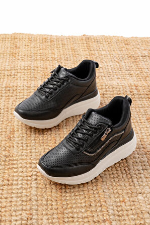 F-207 Siyah Bağcıklı Fermuarlı Taş Aksesuarlı Mevsimlik Spor Ayakkabı