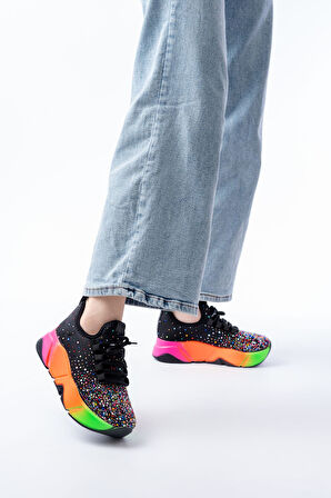 RS-403  Siyah Bağcıklı Fileli Multi Taşlı Renkli Taban Günlük Kadın Spor