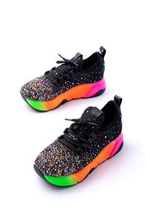 RS-403  Siyah Bağcıklı Fileli Multi Taşlı Renkli Taban Günlük Kadın Spor