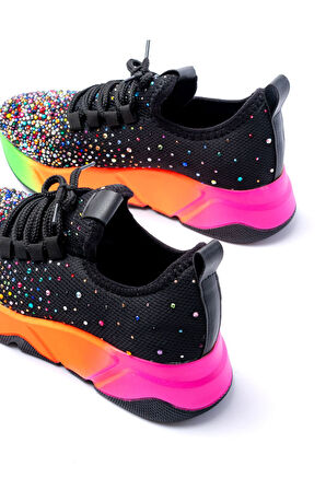 RS-403  Siyah Bağcıklı Fileli Multi Taşlı Renkli Taban Günlük Kadın Spor