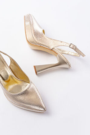 B-2101 Gold Günlük Arkası Açık Yılan Desenli Topuklu Kadın Ayakkabı