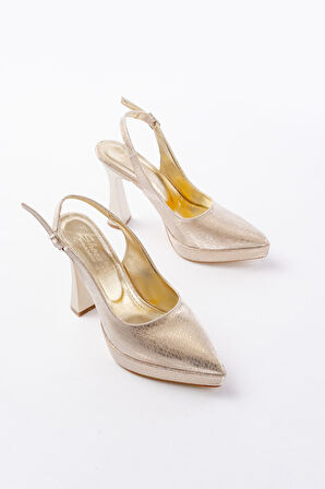 B-2101 Gold Günlük Arkası Açık Yılan Desenli Topuklu Kadın Ayakkabı