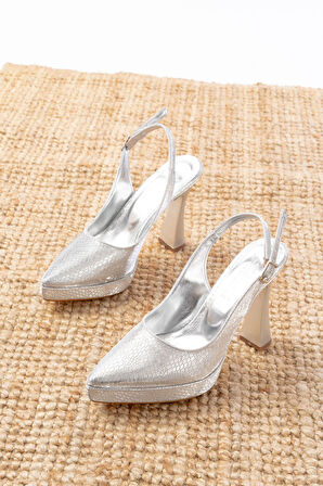 B-2101 Gümüş Günlük Arkası Açık Yılan Desenli Topuklu Kadın Ayakkabı