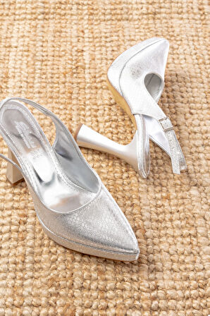 B-2101 Gümüş Günlük Arkası Açık Yılan Desenli Topuklu Kadın Ayakkabı