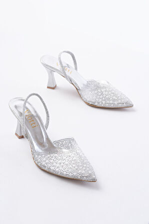 V-1005 Gümüş Günlük Arkası Açık Taşlı Topuklu Kadın Ayakkabı