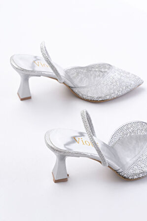 V-1005 Gümüş Günlük Arkası Açık Taşlı Topuklu Kadın Ayakkabı