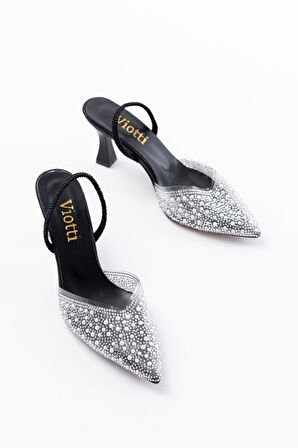 V-1005 Siyah Günlük Arkası Açık Taşlı Topuklu Kadın Ayakkabı