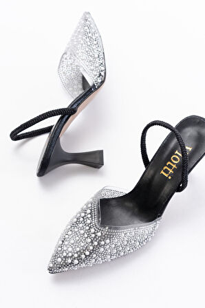 V-1005 Siyah Günlük Arkası Açık Taşlı Topuklu Kadın Ayakkabı