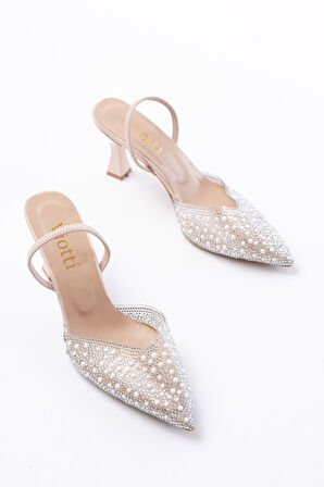 V-1005 Bej Günlük Arkası Açık Taşlı Topuklu Kadın Ayakkabı