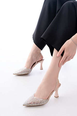 V-1005 Bej Günlük Arkası Açık Taşlı Topuklu Kadın Ayakkabı