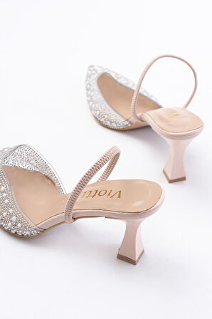 V-1005 Bej Günlük Arkası Açık Taşlı Topuklu Kadın Ayakkabı