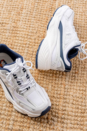 F-329 Beyaz Günlük Bağcıklı Lacivert Desenli Yazlık Spor Ayakkabı