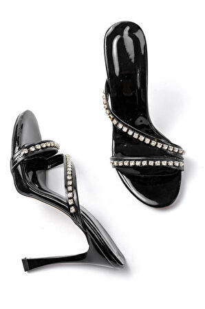 A-60 Kadın Siyah Gümüş Taşlı Platformlu Topuklu Terlik