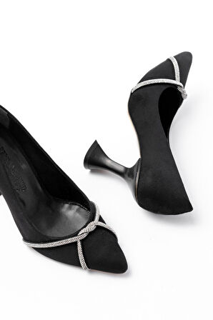 K-10 Siyah Süet Günlük Sarmal Taşlı Topuklu Kadın Ayakkabı