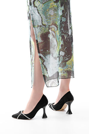 K-10 Siyah Süet Günlük Sarmal Taşlı Topuklu Kadın Ayakkabı