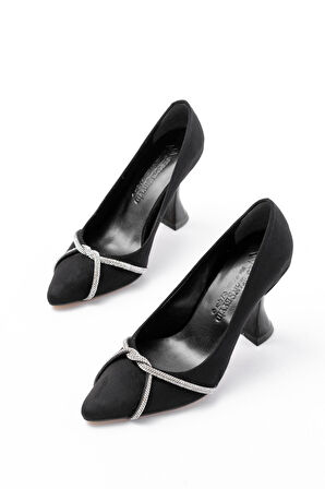 K-10 Siyah Süet Günlük Sarmal Taşlı Topuklu Kadın Ayakkabı