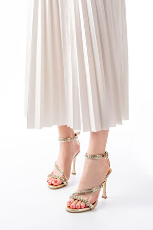 A-20 Gold Taşlı Vivet Platformlu Topuklu Kadın Ayakkabı