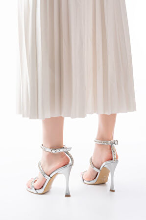 A-40 Gümüş Taşlı Platformlu Topuklu Kadın Ayakkabı