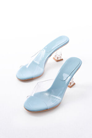 S-619 Bebe Mavi Rugan Şeffaf Bantlı Şeffaf Topuklu Yuvarlak Burunlu Kadın Terlik