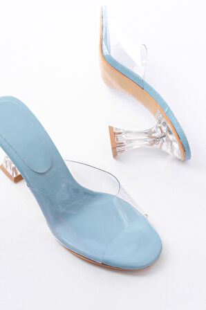 S-619 Bebe Mavi Rugan Şeffaf Bantlı Şeffaf Topuklu Yuvarlak Burunlu Kadın Terlik