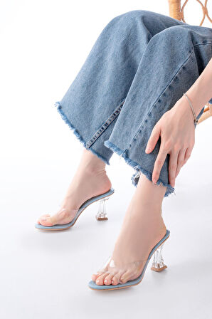 S-619 Bebe Mavi Rugan Şeffaf Bantlı Şeffaf Topuklu Yuvarlak Burunlu Kadın Terlik