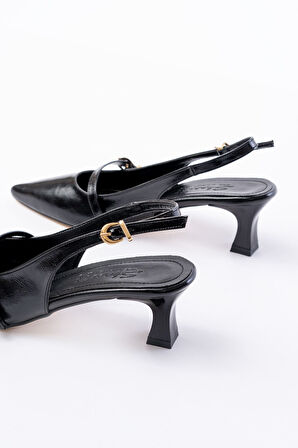 H-470 Siyah Rugan Baret Tokalı Arkası Açık Günlük Kadın Sandalet