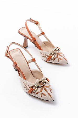 K-250 Taba Keten Günlük Arkası Açık Tokalı Topuklu Kadın Ayakkabı