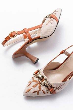 K-250 Taba Keten Günlük Arkası Açık Tokalı Topuklu Kadın Ayakkabı