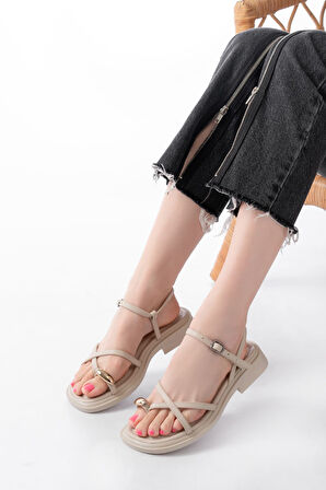 S-101 Bej Parmak Arası Taş Detaylı Günlük Kadın Sandalet