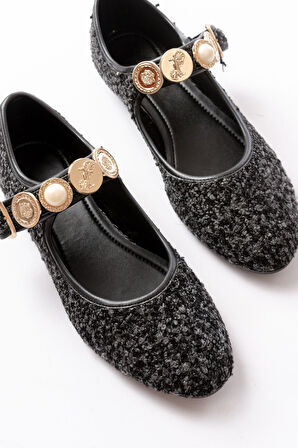 İNF-6363 Siyah Havlu Desenli Baret Tokalı Günlük Kadın Ayakkabı