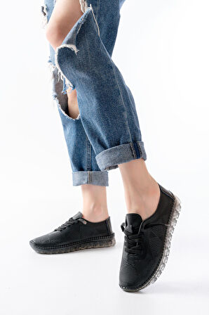 S-365  Siyah Desenli Hakiki Deri Şeffaf Taban Kadın Spor Ayakkabı