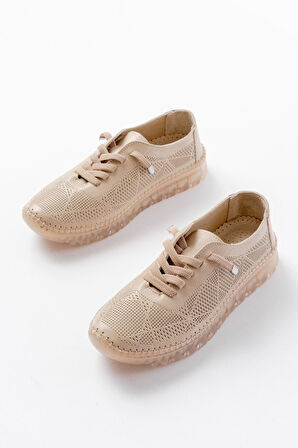 S-365  Bej Desenli Hakiki Deri Şeffaf Taban Kadın Spor Ayakkabı