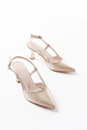 725 Gold Pul Desenli Sivri Burunlu  Topuklu Kadın Ayakkabı