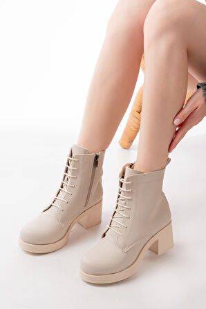 5109-3025 Bej Bağcıklı Fermuarlı Kalın Topuklu Günlük Kadın Bot