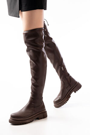 812-2194 Kahverengi Fermuarlı Diz Üstü Bağcıklı Çorap Günlük Kadın Çizme