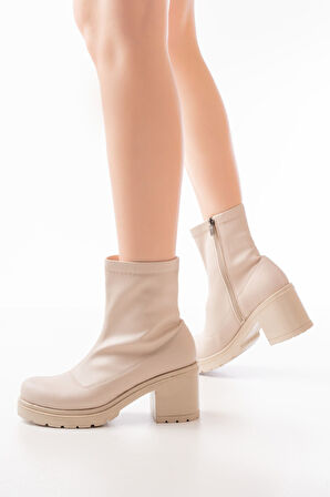 767-3012 Streç Bej Fermuarlı Kalın Topuklu Günlük Kadın Bot