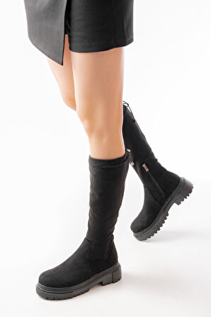 812-2291 Siyah Süet Fermuarlı Günlük Kadın Çizme
