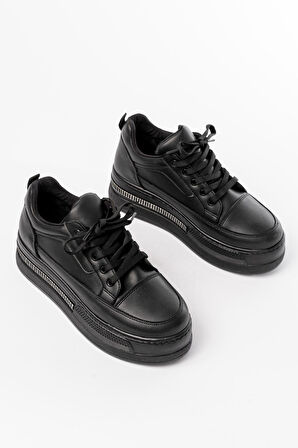 FLN-1999 Siyah Bağcıklı Taban Taş Aksesuarlı Günlük Spor Ayakkabı