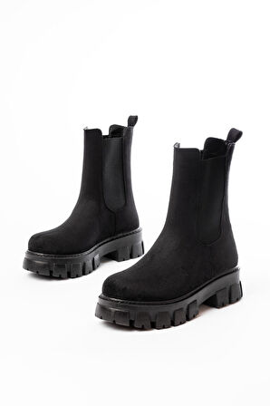 FZ-299 Siyah Süet Yüksek Tabanlı Lastikli Günlük Kadın Bot