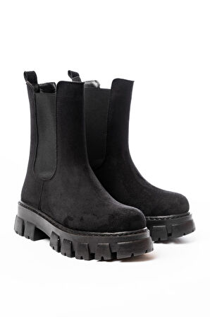 FZ-299 Siyah Süet Yüksek Tabanlı Lastikli Günlük Kadın Bot