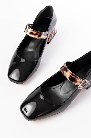 ST-006 Siyah Leopar Rugan Günlük 4 cm Topuklu Kadın Ayakkabı