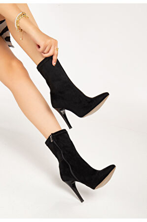 VRT-4811 Siyah Süet Yüksek İnce Topuklu Fermuarlı Kadın Bot