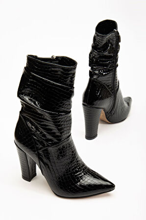 VRT-4815 Siyah Kroko Yüksek Kalın Topuklu Körüklü Fermuarlı Kadın Bot