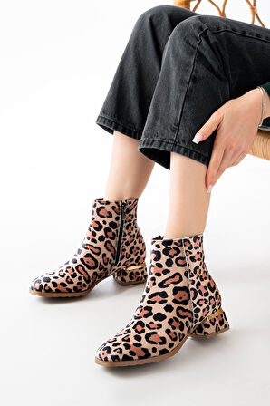 RM-500 Leopar Topuklu Fermuarlı Günlük Kadın Bot