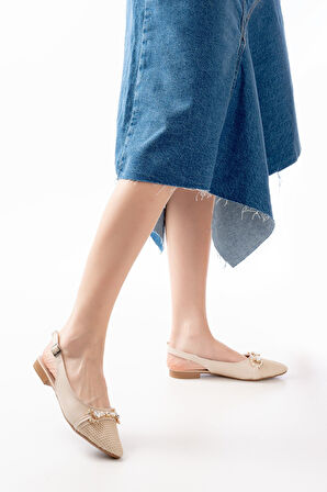 İNF-120 Ten Günlük Fileli Taş Aksesuarlı Kadın Babet