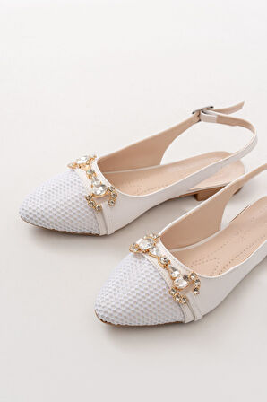 İNF-120 Beyaz Günlük Fileli Taş Aksesuarlı Kadın Babet