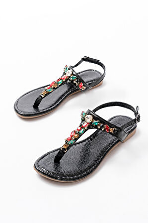 152-1110 Siyah Multi Cam Kırığı Taşlı Parmak Arası Kadın Sandalet